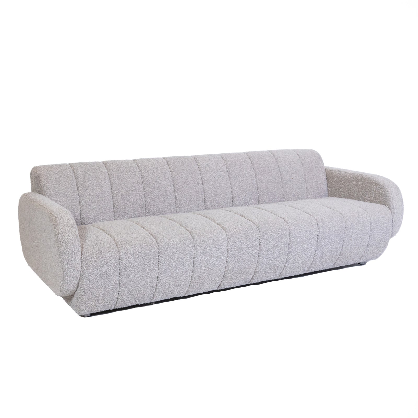 Channel Tufted Retro Sofa Light Grey Boucle 3 Seater