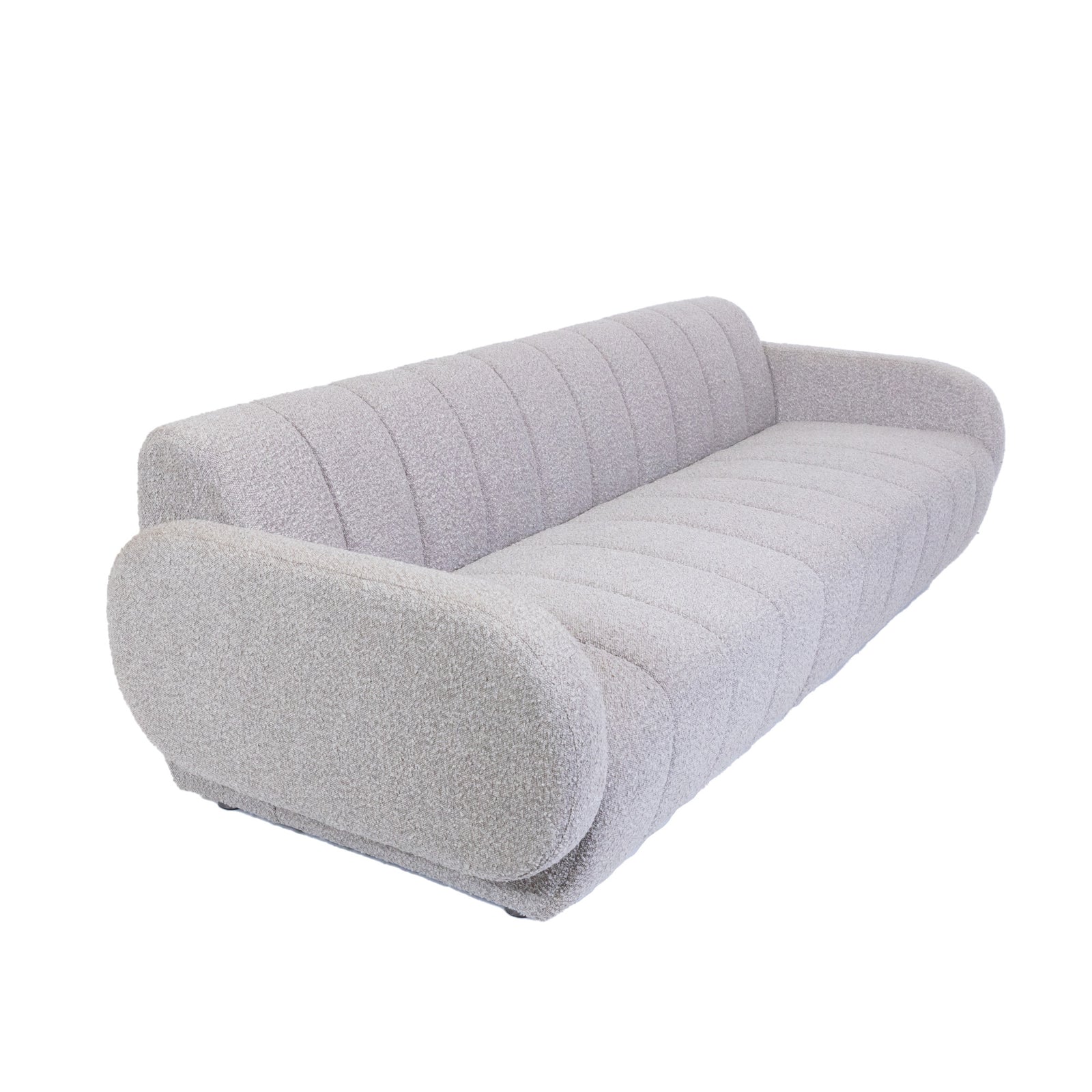 Channel Tufted Retro Sofa Light Grey Boucle 3 Seater