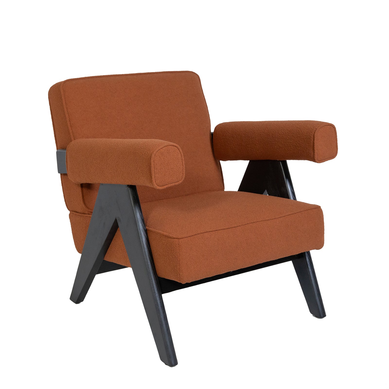 Pierre Jeanneret Style Easy Armchair Burnt Orange Boucle